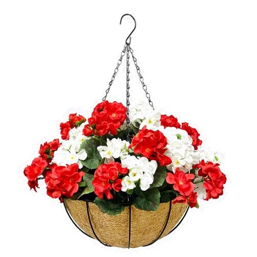 Lopkey Hanging Basket with Artificial Flowers Begonia Wall Coconut Palm Basket Artificial Hanging Flower Plant for Outdoor Patio Lawn Garden (Red-White 10inch)