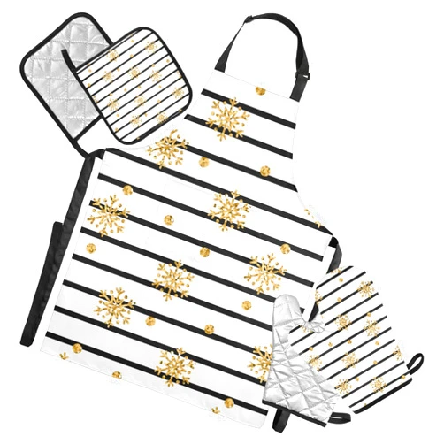susiyo Christmas Gold Snowflake Stripe Kitchen Apron Set Include Bib Apron Oven Mitt Pot Holder Present For Mothers