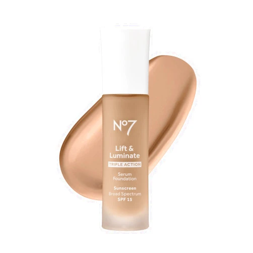 No7 Lift & Luminate Triple Action Serum Foundation - Liquid Foundation Makeup with SPF 15 for a Dewy, Glowy Base - Radiant Serum Foundation for Mature Skin - Warm Beige (1 Fl Oz)