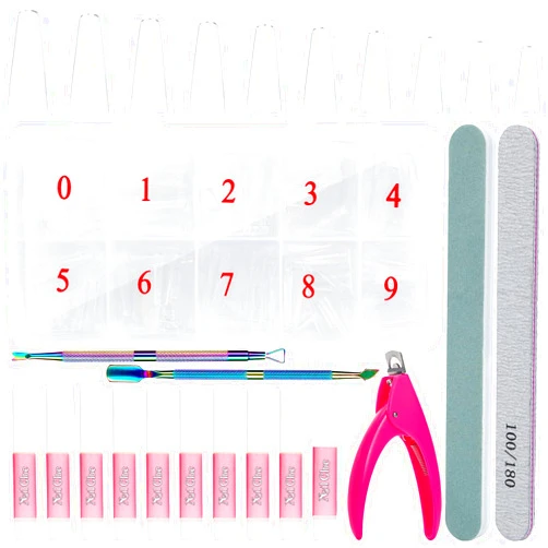 Xifepfr Clear Coffin Nail Tips, 500PCS Half Cover False Nails Tips, Acrylic Nail Tips, 10 Sizes French Artificial Tips with Nail Glue Clipper Files Cuticle Fork for Nail Extension DIY