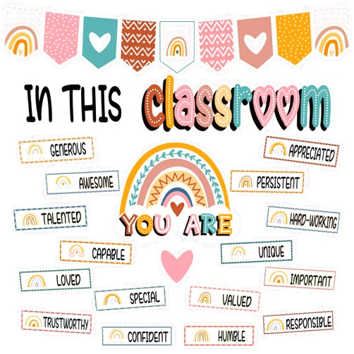 VABAMNA 32pcs Classroom Bulletin Board Decorations Set - Boho Rainbow Motivational Words Cutouts Bulletin Decorations for Teachers School Classroom Bulletin Board