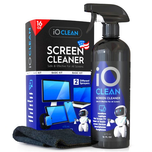 IO CLEAN Screen Cleaner Spray (16oz) – Best Large Cleaning Kit for LCD LED OLED TV, Smartphone, iPad, Laptop, Touchscreen, Computer Monitor, Other Electronic Devices – Microfiber Cloth Wipes and 2 Nozzles