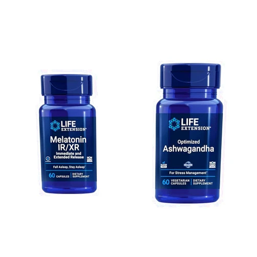 Life Extension Melatonin IR/XR & Optimized Ashwagandha - Sleep, Stress Relief, Focus, Memory - 60 Capsules