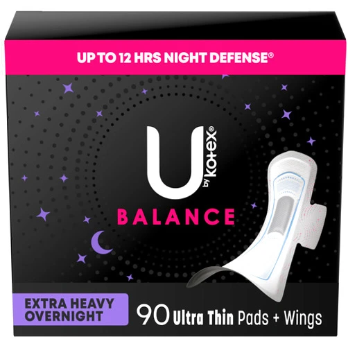 U by Kotex Balance Ultra Thin Overnight Pads with Wings, Extra Heavy Absorbency, 90 Count (3 Packs of 30) (Packaging May Vary)