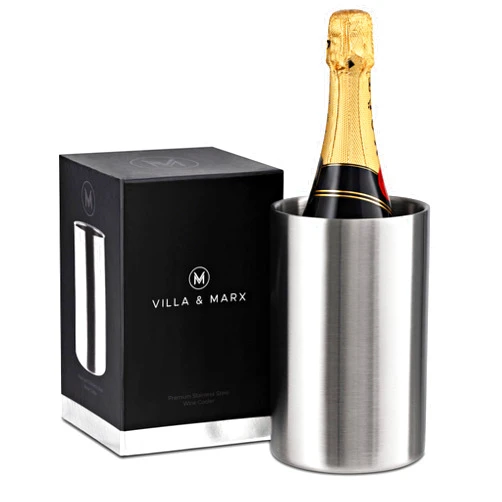 Villa & Marx Wine Chiller Bucket - Premium Champagne Bucket Keeps 750ml Bottles Cold for Hours - Insulated White Wine Bottle Cooler Without Ice - Wine Cooler Bucket for Wine Lovers (Stainless Steel)