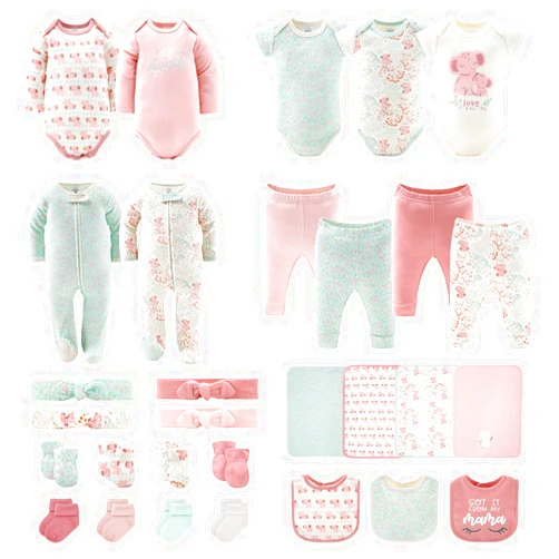 The Peanutshell Newborn Clothes & Accessories Set, 30 Piece Layette Gift Set, Fits Newborn to 3 Months, Pink Elephant & Floral