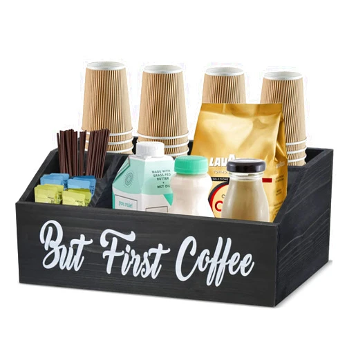 N\C Wooden Coffee Station Organizer, Coffee Bar Accessories Organizer for Counter, Coffee Bar Bin Box, Coffee Pods Holder Storage Basket, Farmhouse Kitchen Coffee Bar Decor, Coffee Lovers Gift…