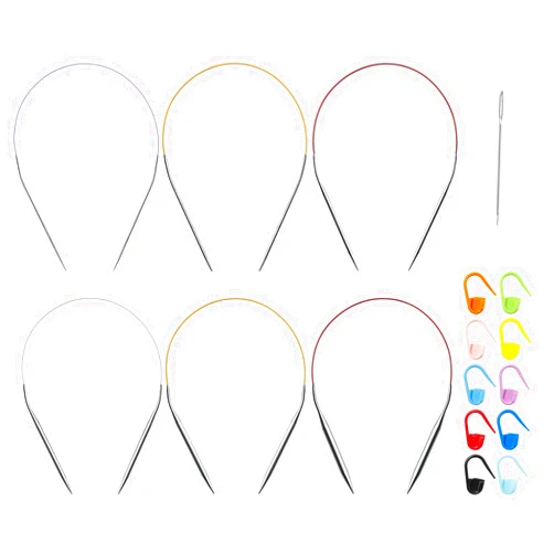 Coowayze 16 inch Stainless Steel Circular Knitting Needles Set for Beginners, 6 PCS US Size 0 2.5 6 8 10 11 Metal Round Knitting Needles with Magic Loop, Fixed Circle Needles for Hats, Socks, Baby Booties