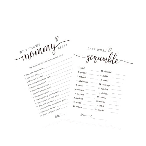 UHADRE 2 Baby Shower Games,Baby Word Scramble & Who Knows Mommy Best Baby Shower Cards -Set of 30, Double Sided Printed Minimalist Baby Shower Cards, Gender Reveal Game, Baby Shower Activity Ideas-BBYX10