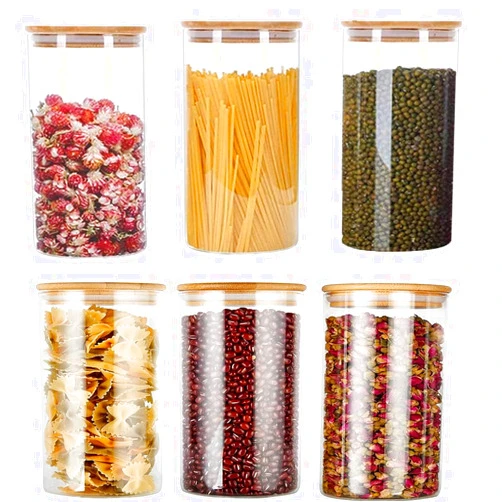 Dearwell Glass Food Storage Jars Containers, 32oz Glass Storage Jar with Airtight Bamboo Lids Set of 6 Kitchen Glass Canisters For Coffee, Flour, Sugar, Candy, Cookie, Spice and More