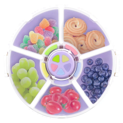 JOOPETALK Kids Reusable Rotating Snack Container with 5 Separate Compartments, Color Matching Opening Lid, BPA/PVC-Free, Dishwasher Safe, Perfect for Travel, School Lunches & On-the-Go Snacking-Purple