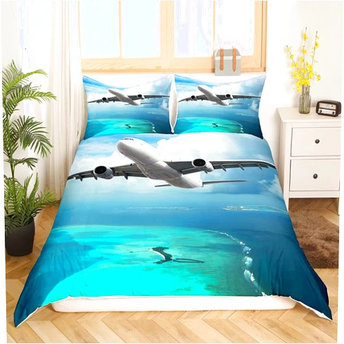 Feelyou Airplane Comforter Cover Set Aircraft Flying Duvet Cover for Kids Boys Girls 3D Airplane Bedding Set Ocean Sea Teal Blue Decor Quilt Cover Room 2Pcs Twin Size,Zipper