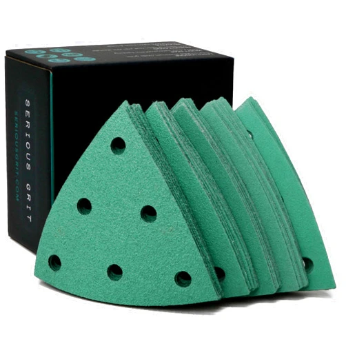 Serious Grit 3.5-Inch (93mm) Triangle Sanding Sheet Assortment - 80, 120, 150, 180, 220 Grit (10 of Each) - Fits Festool Rotex RO 90 Delta - Hook & Loop Sandpaper for Detail Sanders - 50 Pack Box