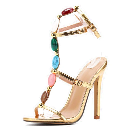 Kluolandi Jewelled Strappy Gold Heels for Women Open Toe Ankle Strap Gladiator Stiletto Heeled Sandals for Party Wedding