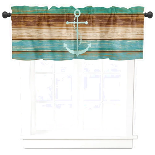 Yun Nist Wooden Valance Curtains for Kitchen,Blue Anchor Window Valances, Retro Brown Teal Wood Grain Window Treatment,Rod Pocket Valances for Bedroom Bathroom Laundry Room 54x18in