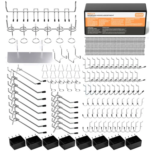 INCLY 206PCS Pegboard Accessories Organizer Kit, Pegboard Hooks Assortment with Bins, Peg Locks, Fit 1/8 and 1/4 inch for Garage Wall Hanging Tools