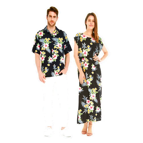 Hawaii Hangover Matchable Couple Hawaiian Luau Shirt or Maxi Simple Dress in Hibiscus Blue