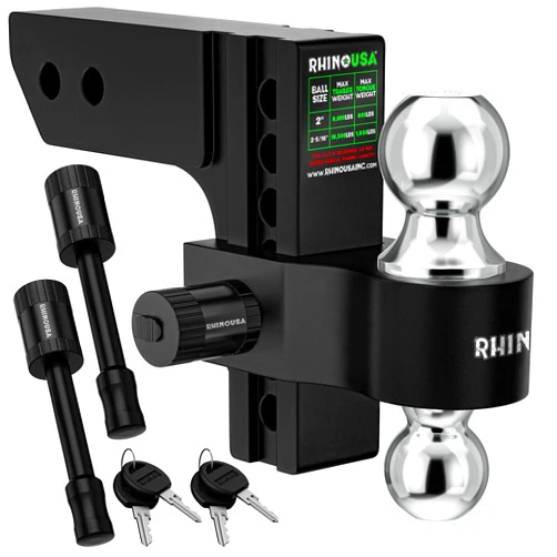 Rhino USA Adjustable Trailer Hitch (Fits 2-Inch Receiver) - Heavy Duty Aluminum Tow Hitches with 6-Inch Drop/Rise for Truck (12,500 LBS GTW) - Weatherproof Double Anti-Theft Locking Hitch Pins (Black)
