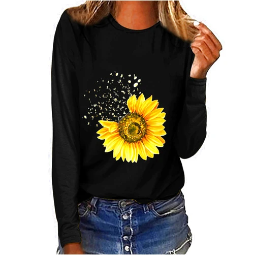 BeyXokBey Long Sleeve Sweatshirts for Women Fall Fashion 2024 Crewneck Daisy Sunflower Graphic Print Blouse Loose Casual Tops