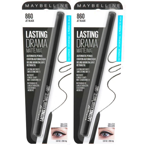 Maybelline Eyestudio Lasting Drama Waterproof Matte Gel Pencil Black Eyeliner Makeup, Jet Black, 2 Count