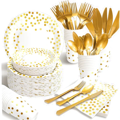 AIRE 175PCS White and Gold Paper Plates Party Supplies for 25 Guests Disposable Party Decorations Dinnerware Golden Dot Paper Plates Napkins Cups Gold Plastic Forks Knives Spoons for Wedding Birthday
