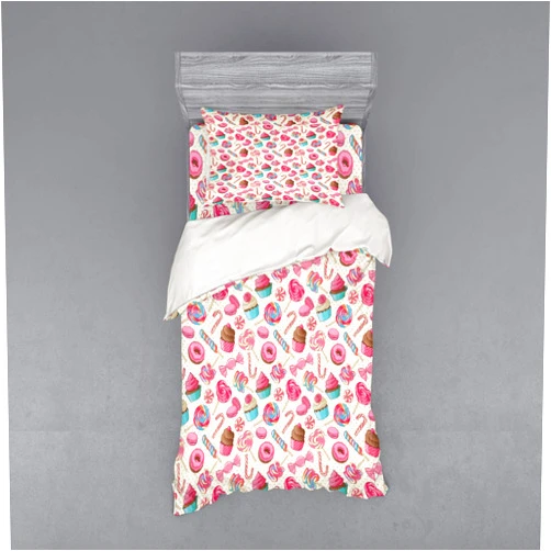 Ambesonne Candy Cane Bedding Set, Yummy Lollipop Candy Macaroon Cupcake and Donut on Polka Dots Pattern, 3 Piece Duvet Cover Set with Sham and Fitted Sheet, Twin XL Size, Multicolor