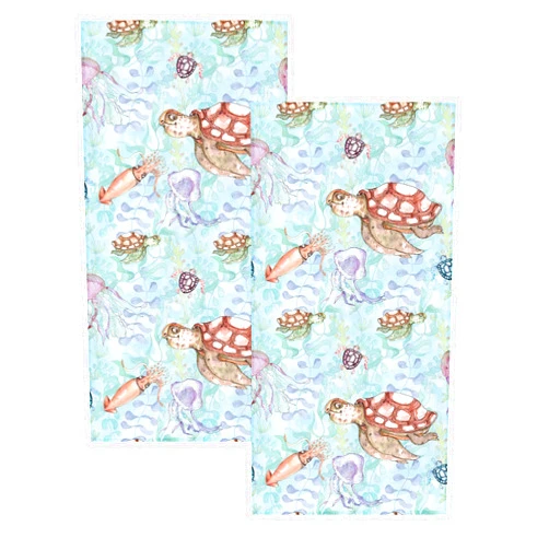 GZMQWVG Sea Turtles Hand Towels,Set of 2 Watercolor Octopus and JellyfishAbsorbent Soft Towel Gifts for Women Men, Funny Bathroom Hand Towels for Bathroom Kitchen Home Spa Hotel Yoga
