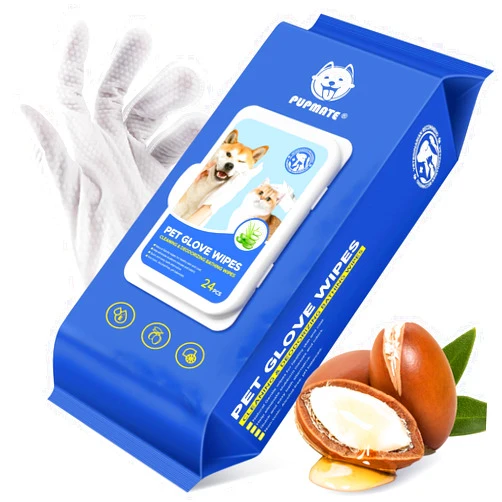PUPMATE Pet Cleaning glove wipes for Dogs & Cats, Hypoallergenic Deodorizing Disposable No-Rinse Grooming Wipes, Extra Thick Bathing Wipes,Perfect for Pet Dry Cleaning,Daily Care and Travel,24 pcs