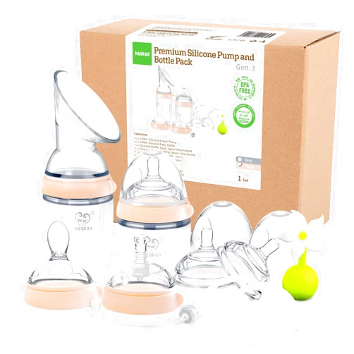 haakaa Gen.3 Premium Silicone Pump Combo (Peach) - Gen.3 Breast Pump with Flower Stopper, Baby Bottle for Feeding, Changable with Sippy Spout, Silicone Clip and Silicone Spoon Head