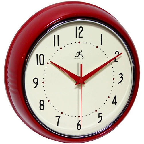 Infinity Instruments LTD. Retro 9 inch Silent Sweep Non-Ticking Mid Century Modern Kitchen Diner Wall Clock Quartz Movement Retro Wall Clock Decorative (Red)…