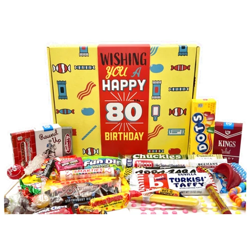 RETRO CANDY YUM 80th Birthday Gifts for Women & Men - Classic 1944 Candy Pack for 80 Years Old Man, Woman - Assorted Retro Candy Basket Box for Mom, Dad, Grandpa, Grandma