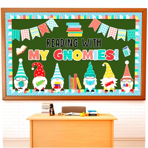 Justforjoyful 57pcs Back to School Gnomes Bulletin Board Set Reading with My Gnomies Bulletin Board Classroom Decoration Gnomes Books Cutouts for Home School Library Wall Chalkboard Decor Supplies