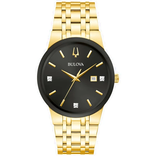 Bulova Men's Modern Gold Tone Stainless Steel 3-Hand Calendar Date Quartz Watch, Diamond Dial