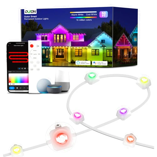 OUTON Smart Permanent Outdoor Lights, 50ft with 36 RGB LEDs, Super Bright Outdoor Eave Lights, IP68 Waterproof String Lights for Daily and Accent Lighting, Compatible with Alexa & Google Assistant.