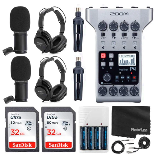 Zoom PodTrak P4 Portable Multitrack Podcast Recorder + 2x Zoom M-1 Mic + 2x Headphones + Windscreen + XLR Cable + Tabletop Stand + 2x 32GB Memory Card + 4 AA Batteries and Charger + Cloth – Top Bundle