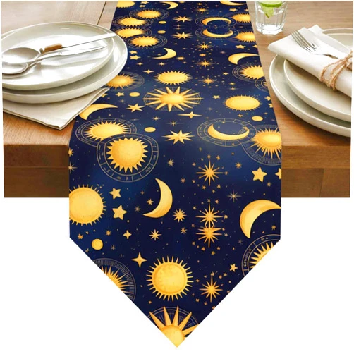 Generic Fantasy Galaxy Table Runner 72 inches Long Golden Planet Universe Sun Moon Stars Retro Linen Table Runners Kitchen Dining Dresser Scarves Coffee Table Holiday Party Decorations 14x72 Inch