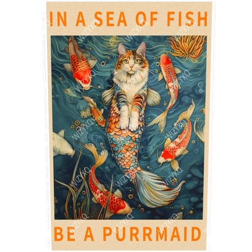 WIZYXQ Tin Sign In Sea Of Fish Be A Purrmaid Metal Signs Vintae Aluninum For Home Bathroom Bar Cafe Garden Wall Decor 12x8 Inch