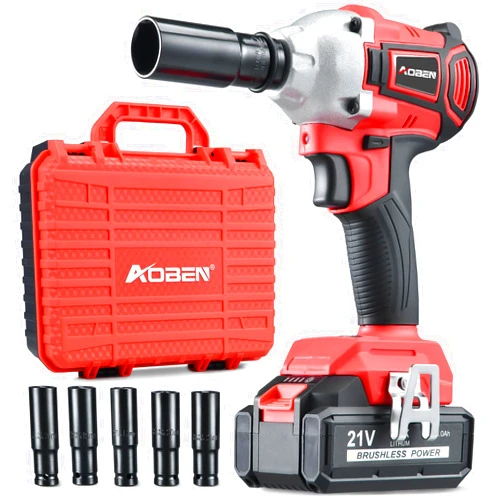 AOBEN Cordless Impact Wrench 1/2 inch,21V 300N.m Brushless Impact Gun with 4.0Ah Battery, Charger & 6 Sockets,Electric Impact Wrench for Car Home