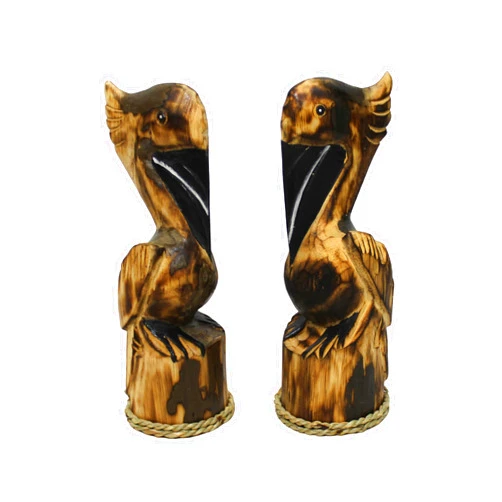 MECORDS Hand Carved Nautical Wooden Set of 2 Pelican Statues Brown Art