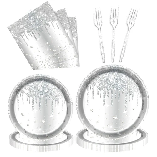 Fesciory 96 Pcs Silver Birthday Party Plates Napkins Forks Supplies Tableware Set Disposable Paper Glitter Theme Decoration for Kids, Serves 24 Guests