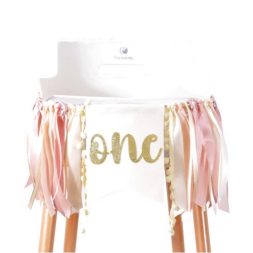 ZZDCMS Pink Gold One Highchair Banner - Pink Birthday Party Decoration, Gold One High Chair Banner For 1st Birthday Girl, Cake Smash Photo Prop, Baby Shower Garland (Flower One Banner Pink)