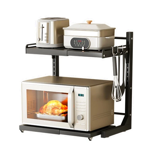 ABCOOL Retractable Microwave Oven Rack Pull Out Snap-in for Kitchen Baker Storage Organizers Holder, 2 Axial Expandable and Height Adjustable Carbon Steel Shelf Counter Countertop with 3 Clip Hooks