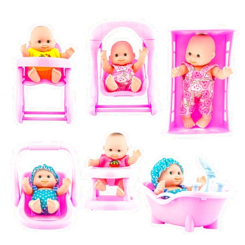 PowerTRC 6 Set of Mini 5 Inch Baby Girl Toy Dolls Collection with High Chair, Cradle, Walker, Swing, Bathtub and Baby Seat Accessories for Girls 3-6 Years Old