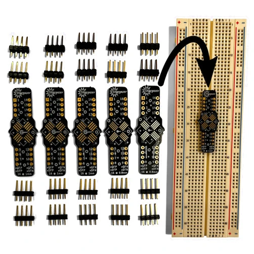 Stargazer Enterprises Stargazer Solderless Breadboard SMD to DIP Dual Sided Breakout for 16-QFP, QFN, DFP, DFN (0.8mm and 1.0mm Pitch) with Gold Plated Headers [5 Pack]