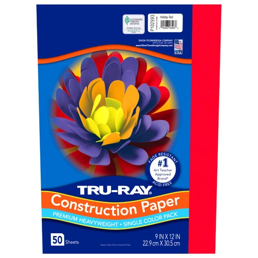 Tru-Ray Pacon 102993 Tru-Ray Construction Paper, 76 lbs., 9 x 12, Holiday Red, 50 Sheets/Pack