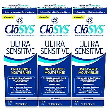 CloSYS Ultra Sensitive Mouthwash, Unflavored (Optional Flavor Dropper Included), Alcohol Free, Dye Free, pH Balanced, Helps Soothe Entire Mouth - 32 Oz (Pack of 3)
