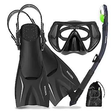 WACOOL Adults Child Teens Snorkeling Snorkel Scuba Diving Package Set Gear with Adjustable Short Swim Fins Anti-Fog Coated Glass Silicon Mouth Piece Purge Valve (Black/S-M) S/M Black