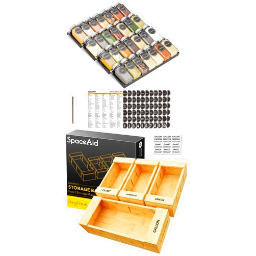 SpaceAid Spice Drawer Organizer with 28 Spice Jars, Bag Storage Organizer (4 Pack)