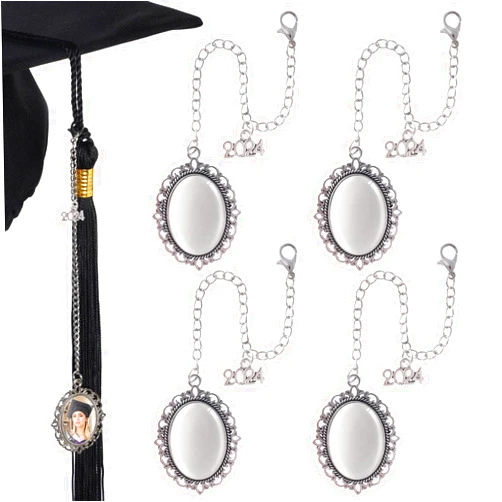 Ishua 4pcs Graduation Memorial Photo Charm, 2024 Graduation Cap Tassel Charm, Memorial Pendant Charm for Graduation Cap