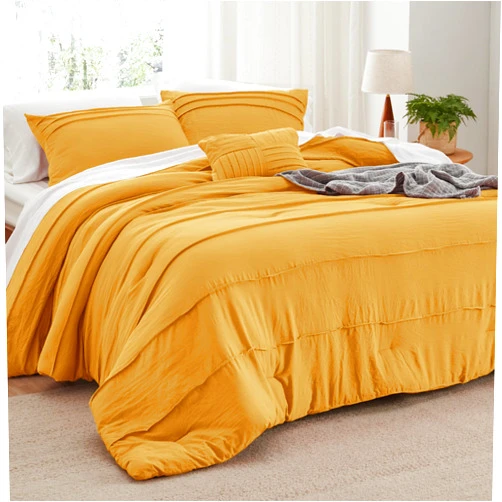 Bedsure Mustard Yellow Queen Comforter Set - 4 Pieces Pinch Pleat Bed Set, Down Alternative Bedding sets for All Season, 1 Comforter, 2 Pillowcases, 1 Decorative Pillow
